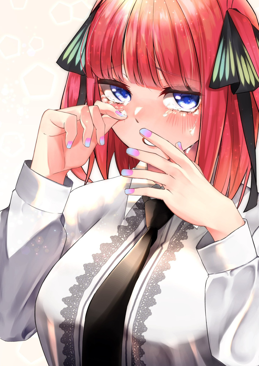1girl aqua_nails black_necktie black_ribbon blue_eyes blunt_bangs blush butterfly_hair_ornament collared_shirt commentary crying crying_with_eyes_open go-toubun_no_hanayome hair_ornament hair_ribbon hands_up highres imananashi light_particles lips long_sleeves looking_at_viewer medium_hair multicolored_nails nail_polish nakano_nino necktie pink_background pink_nails redhead ribbon rubbing_eyes sad shirt simple_background solo tears tsurime two_side_up upper_body white_shirt