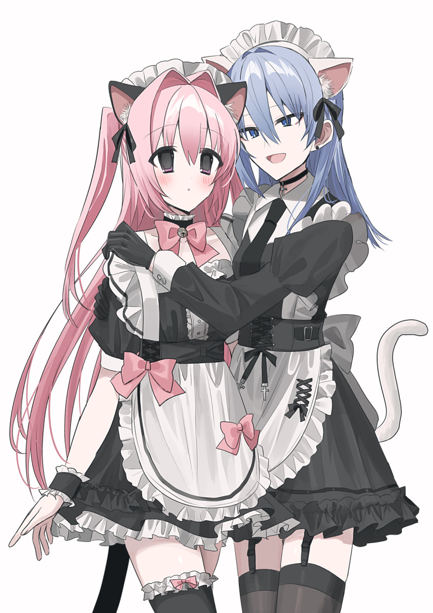 2girls :d :o animal_ear_fluff animal_ears apron black_dress black_gloves black_necktie black_ribbon black_thighhighs blue_eyes blue_hair blush cat_ears cat_tail chihuri commentary_request dress earrings ende_(chihuri) fake_animal_ears frilled_apron frilled_dress frills garter_straps gloves hair_between_eyes hair_intakes hair_ribbon hand_on_another's_shoulder highres jewelry juliet_sleeves long_hair long_sleeves maid maid_headdress multiple_girls nea_(chihuri) necktie original parted_lips pink_hair puffy_short_sleeves puffy_sleeves ribbon short_sleeves simple_background smile stud_earrings tail thigh-highs two_side_up very_long_hair violet_eyes white_apron white_background
