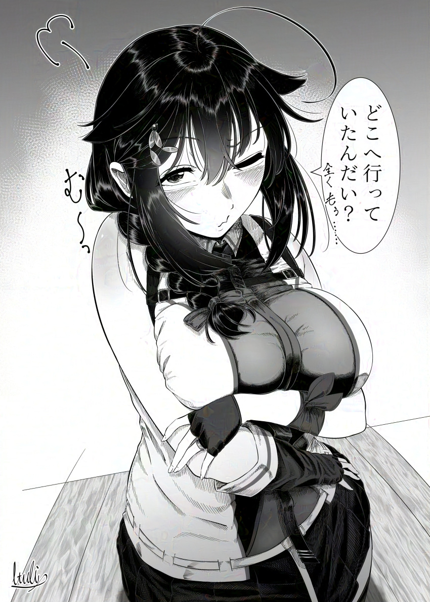 1girl absurdres ahoge braid breasts commentary_request crossed_arms fingerless_gloves gloves greyscale hair_flaps hair_over_shoulder highres kantai_collection large_breasts long_hair monochrome necktie one_eye_closed pleated_skirt shigure_(kancolle) shigure_kai_san_(kancolle) shirt single_braid skirt sleeveless sleeveless_shirt solo translation_request tsui_(kojiya) two-tone_shirt