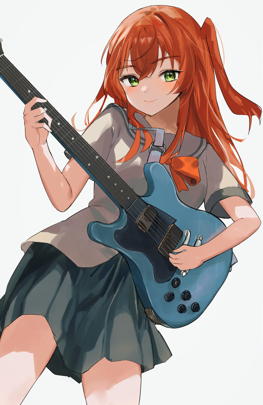 1girl absurdres black_skirt bocchi_the_rock! bow bowtie closed_mouth commentary cowboy_shot electric_guitar green_eyes grey_sailor_collar grey_shirt guitar hair_between_eyes hands_up highres holding holding_instrument instrument kita_ikuyo long_hair looking_at_viewer miniskirt music nimiru_namire one_side_up playing_instrument pleated_skirt red_bow red_bowtie redhead sailor_collar school_uniform shirt short_sleeves shuka_high_school_uniform simple_background skirt smile solo standing white_background