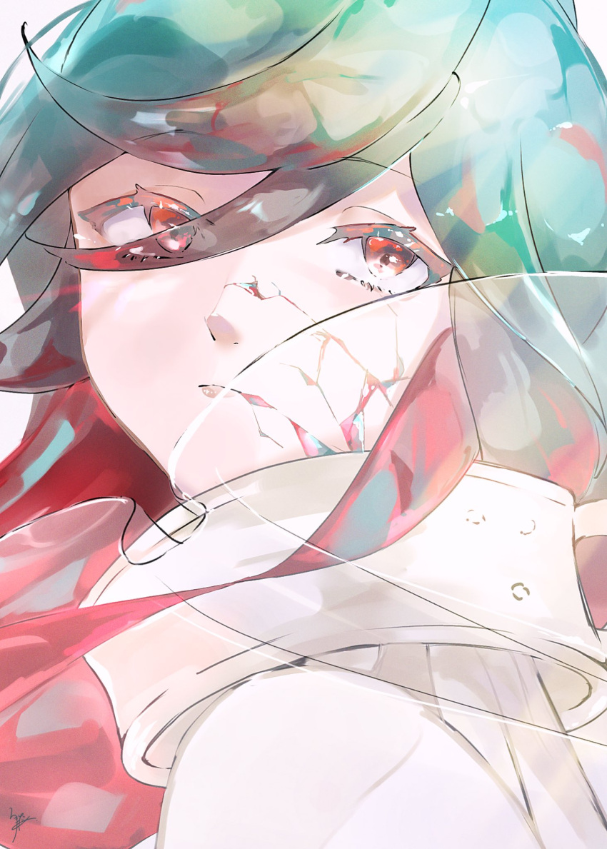 1other alexandrite_(houseki_no_kuni) androgynous blue_hair closed_mouth collar cracked_skin floating_hair from_side frown hair_over_one_eye highres houseki_no_kuni looking_back moon_uniform_(houseki_no_kuni) multicolored_hair other_focus portrait red_eyes redhead rokipanda see-through simple_background solo translucent_hair two-tone_hair white_background