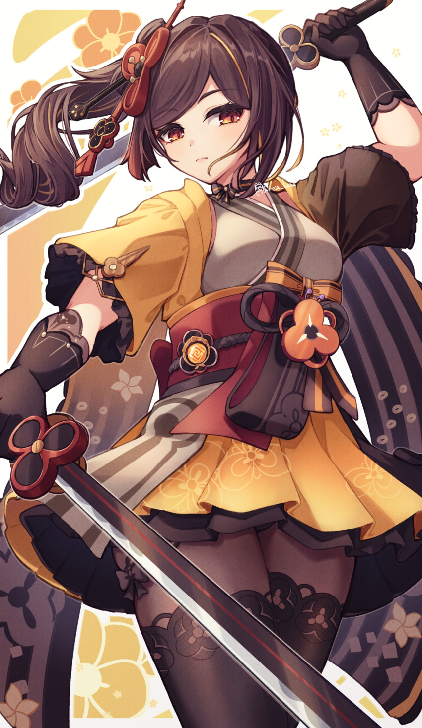 1girl black_gloves breasts brown_eyes brown_hair brown_pantyhose chiori_(genshin_impact) commentary_request cowboy_shot genshin_impact gloves grey_kimono haori highres holding holding_sword holding_weapon japanese_clothes katana kimono long_hair looking_at_viewer medium_breasts obi pantyhose partial_commentary ponytail red_sash reia_hana revision sash short_sleeves solo standing sword thighs weapon