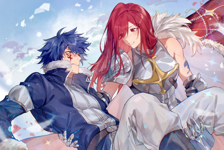 1boy 1girl absurdres arm_tattoo armor belt blue_hair blue_skirt blue_sky blush carrying carrying_person clouds cloudy_sky couple erza_scarlet eye_contact facial_mark fairy_tail floating_hair fur-trimmed_collar fur-trimmed_jacket fur_trim hair_between_eyes hair_over_one_eye hetero high_collar highres jacket jellal_fernandes jyukawa long_hair looking_at_another pants parted_lips princess_carry red_eyes redhead short_hair skirt sky spiky_hair tattoo teeth white_pants yellow_eyes