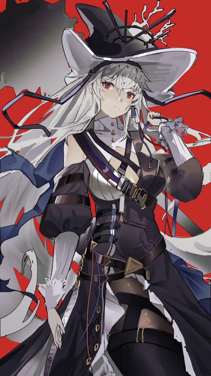 1girl arknights black_dress black_headwear black_pantyhose cleavage_cutout clothing_cutout criss-cross_straps dress grey_hair hat_ornament highres jewelry long_hair necklace pantyhose pointy_hat puffy_sleeves red_eyes shoulder_cutout shoulder_strap specter_(arknights) specter_the_unchained_(arknights) thigh-highs thighhighs_over_pantyhose two-tone_dress unworn_jewelry unworn_necklace very_long_hair wen54