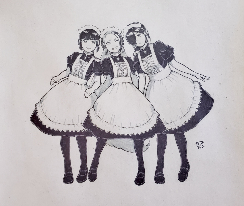 3girls absurdres adelie_penguin_(kemono_friends) alternate_costume apron center_frills enmaided frilled_apron frills giant_penguin_(kemono_friends) hair_over_one_eye headphones highres kemono_friends kemono_friends_3 king_penguin_(kemono_friends) long_hair maid maid_apron maid_headdress matching_outfits multiple_girls official_alternate_costume one_eye_closed pandacron pantyhose penguin_girl puffy_short_sleeves puffy_sleeves short_hair short_sleeves