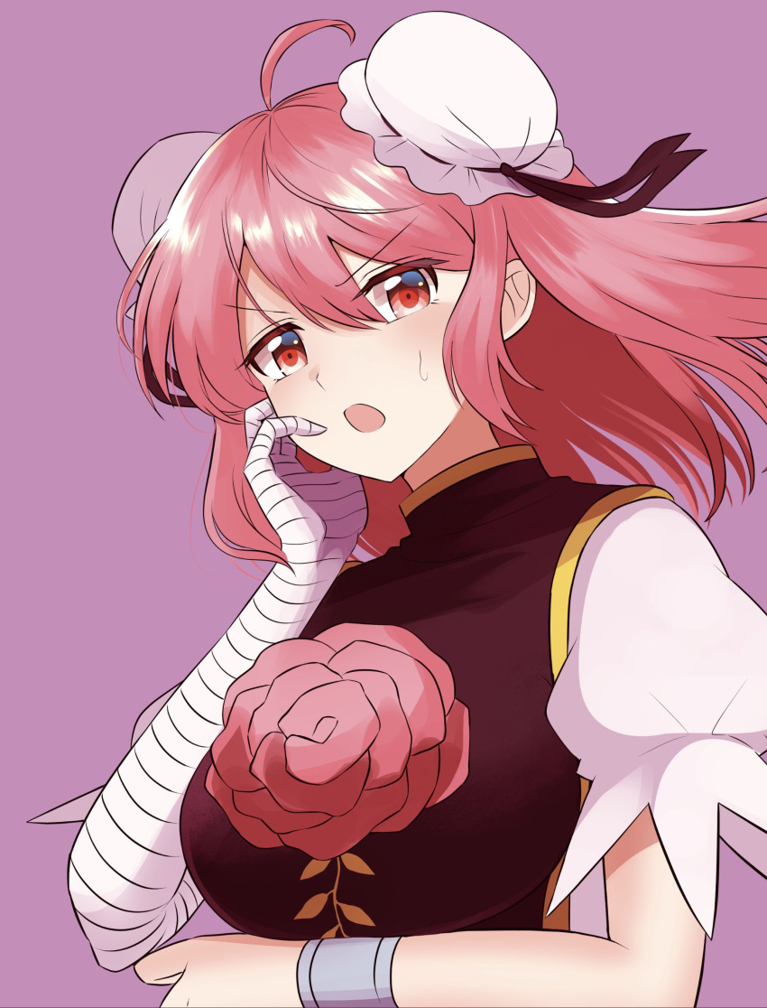 1girl absurdres arm_under_breasts bandaged_arm bandages bun_cover commentary_request cuffs double_bun elaphe_guttata6 flower hair_bun hand_on_own_cheek hand_on_own_face highres ibaraki_kasen light_blush looking_at_viewer medium_hair open_mouth pink_background pink_eyes pink_flower pink_hair pink_rose rose shackles short_sleeves solo sweatdrop tabard touhou