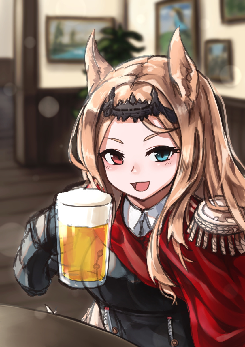 1girl :d alcohol animal_ears archetto_(arknights) arknights armor beer beer_mug blue_eyes blurry blurry_background brown_hair circlet collared_shirt commentary cup drink epaulettes fringe_trim gauntlets hand_up heterochromia highres holding holding_cup holding_drink indoors lens_flare light_blush long_hair looking_at_viewer making-of_available mug open_mouth picture_frame red_eyes shirt sitting sketch smile solo tubuan_(tubuan03) upper_body white_shirt wooden_floor