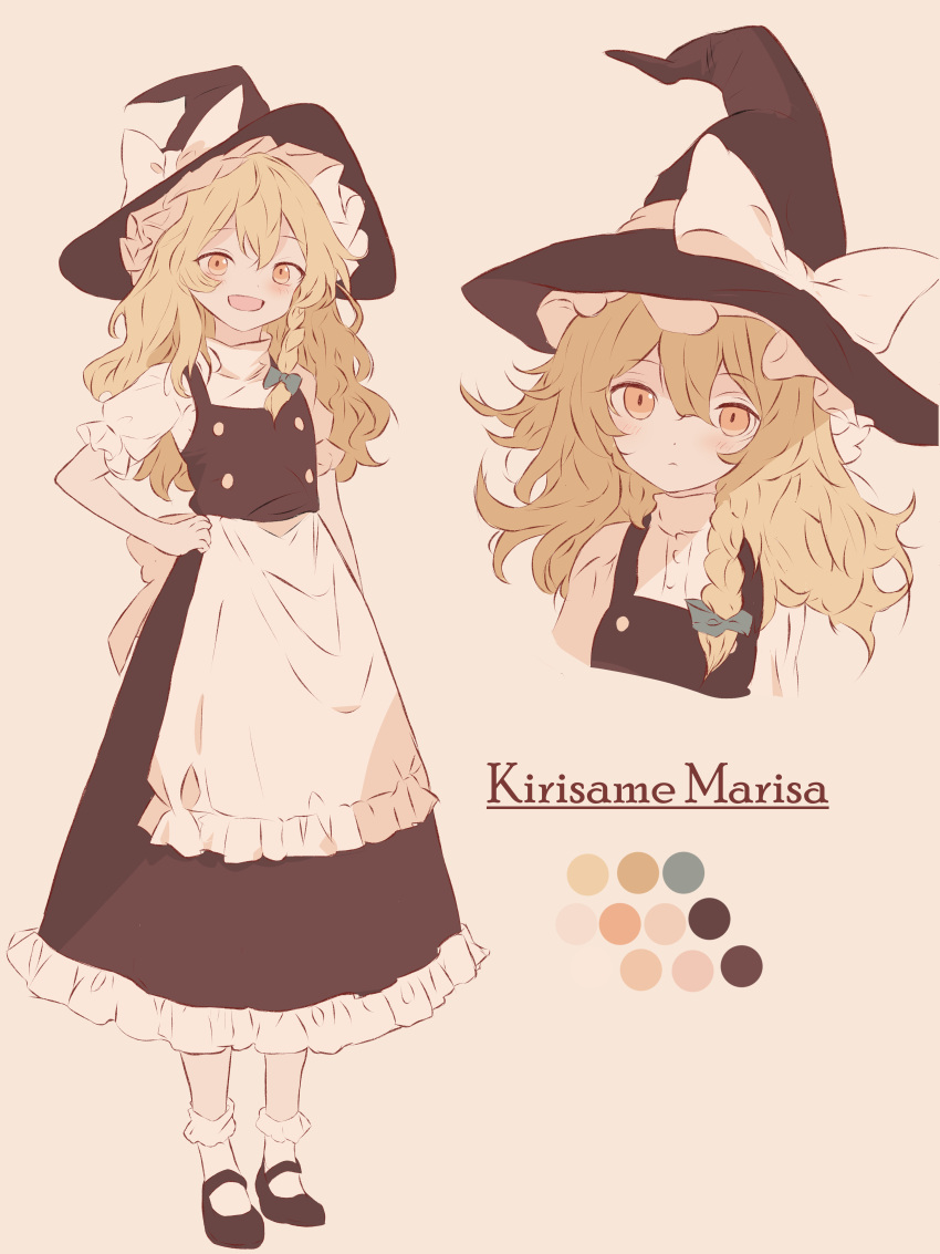 1girl :d absurdres apron black_dress black_headwear blonde_hair bow braid character_name closed_mouth color_guide dress expressionless frilled_apron frilled_dress frills full_body green_bow hair_bow hand_on_own_hip hat hat_bow highres iris-san kirisame_marisa long_hair looking_at_viewer multiple_views open_mouth sidelocks simple_background single_braid smile solo standing touhou white_apron white_bow witch_hat yellow_eyes