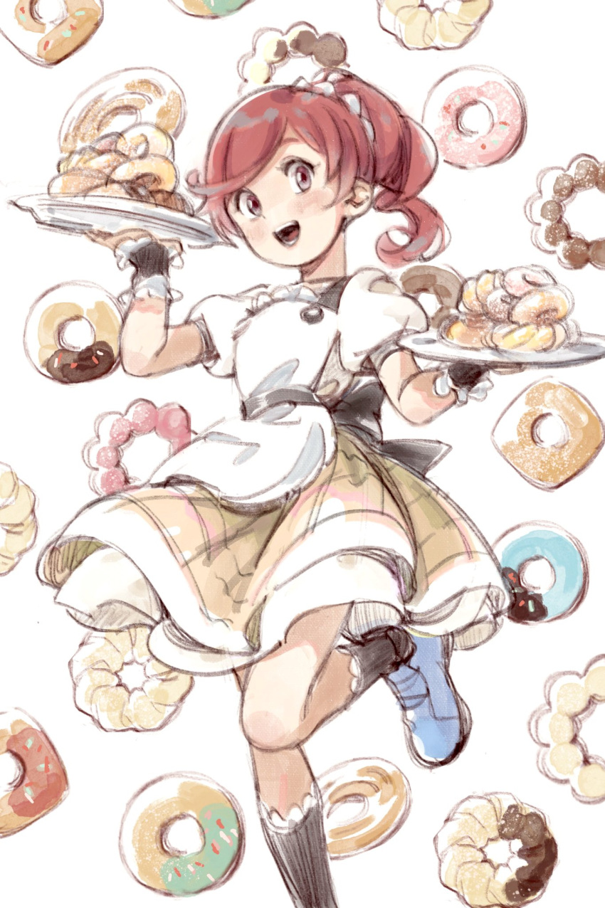 1girl apron black_socks blue_footwear blush brown_dress doughnut dress food food-themed_background foot_out_of_frame highres holding holding_tray idolmaster idolmaster_cinderella_girls imay3927 kneehighs looking_at_viewer medium_hair open_mouth pile ponytail puffy_short_sleeves puffy_sleeves redhead ringlets shiina_noriko shoes short_sleeves smile socks solo standing standing_on_one_leg swept_bangs tray waitress white_apron white_background wrist_cuffs