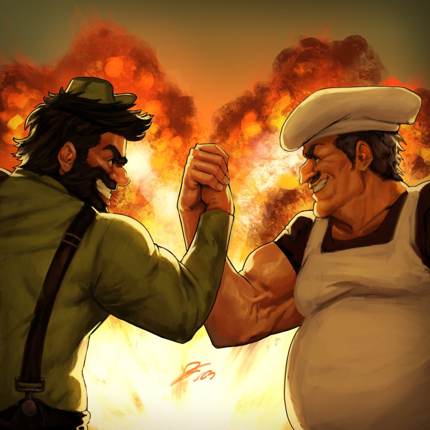 2023 2boys antonblast apron beard biceps black_hair black_overalls black_shirt chef_hat commentary crossover dynamite_anton english_commentary epic_handshake_(meme) explosion facial_hair fat fat_man fingernails from_side green_headwear green_shirt grin hat highres long_sleeves looking_at_another male_focus manly meme multiple_boys muscular muscular_male mustache nurve26 overalls peppino_spaghetti pizza_tower profile shirt short_hair short_sleeves signature smile teeth thick_beard thick_mustache trait_connection upper_body v-shaped_eyebrows white_apron white_headwear