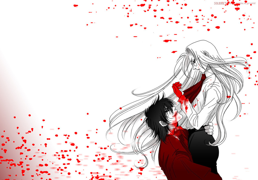 1boy 1girl alucard_(hellsing) ascot blood blood_from_mouth blood_on_clothes blood_on_face blood_on_hands carrying glasses gradient_background hellsing integra_hellsing jacket limited_palette long_hair medium_hair red_ascot red_jacket toshimichi_yukari very_long_hair