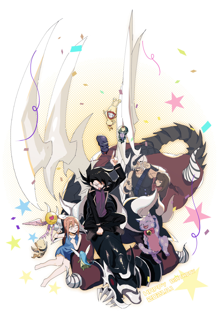 2boys 2girls absurdres black_coat black_hair blue_dress blue_hair bottle brown_hair cat character_request closed_eyes coat confetti crying dragon_riding dress duel_monster happy_lover highres holding holding_bottle horns indian_style kd_(jichaman1) light_and_darkness_dragon long_sleeves male_focus manjoume_jun multiple_boys multiple_girls ojama_black ojama_green ojama_yellow open_mouth purple_shirt shirt sitting spirit_of_the_breeze star_(symbol) streaming_tears striped_horns tears white_hair yu-gi-oh! yu-gi-oh!_gx