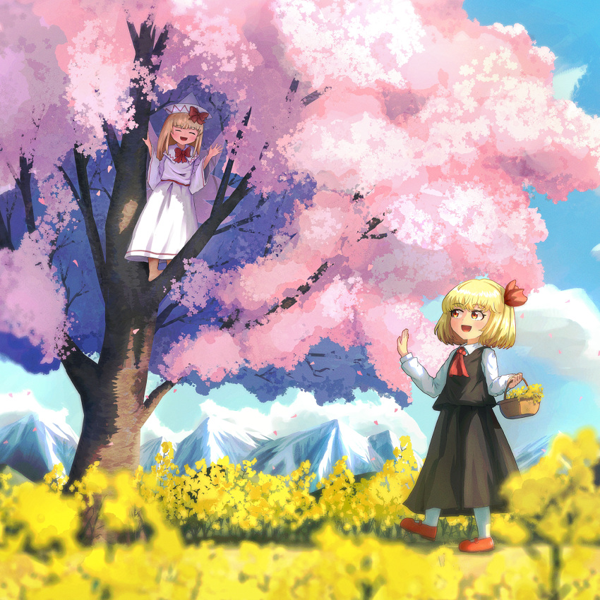 2girls :d ascot basket black_skirt black_vest blonde_hair blue_sky bow bowtie capelet cherry_blossoms closed_eyes collared_shirt dress fairy_wings flower hair_ribbon hat hat_bow highres holding holding_basket lily_white long_hair long_skirt long_sleeves looking_at_another mary_janes mountainous_horizon multiple_girls open_mouth rapeseed_blossoms red_ascot red_bow red_bowtie red_eyes red_footwear red_ribbon ribbon rumia shirt shoes short_hair skirt skirt_set sky smile socks standing_on_branch touhou tree vest waving white_capelet white_dress white_headwear white_shirt white_socks wide_sleeves wings yellow_flower yoirone