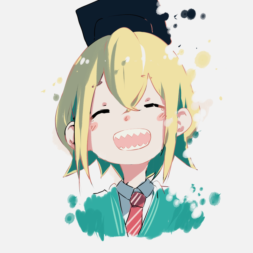 1girl ^_^ absurdres amano_pikamee black_headwear blonde_hair blush_stickers closed_eyes commentary cropped_torso english_commentary facing_viewer hair_between_eyes hat highres mortarboard necktie open_mouth portrait raven_mido red_necktie sharp_teeth short_hair sidelocks simple_background smile solo teeth virtual_youtuber voms white_background