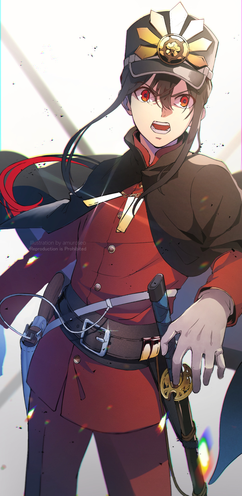 1boy absurdres amuroseo androgynous belt black_cape black_hair black_headwear brown_belt cape fate/grand_order fate_(series) gun hair_between_eyes highres holster jacket long_sleeves looking_at_viewer male_focus military_uniform oda_nobukatsu_(fate) oda_uri open_mouth pants red_eyes red_jacket red_pants simple_background solo sword uniform weapon white_background