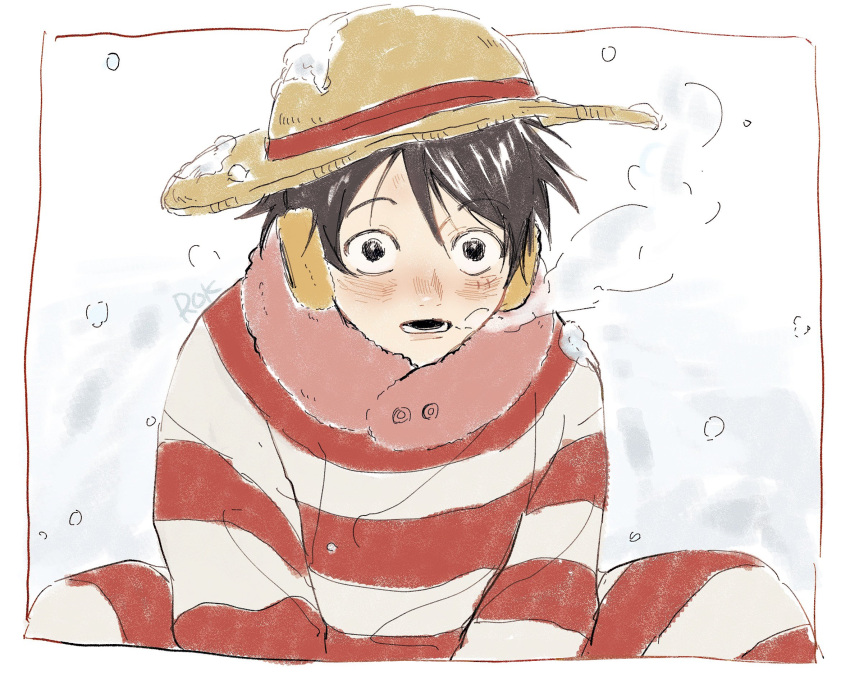 1boy artist_name black_hair blush coat earmuffs fur_collar hat highres long_sleeves looking_at_viewer male_focus monkey_d._luffy multicolored_coat one_piece red_coat rokurnshu003 scar scar_on_face short_hair sitting snow solo straw_hat striped_coat two-tone_coat white_coat
