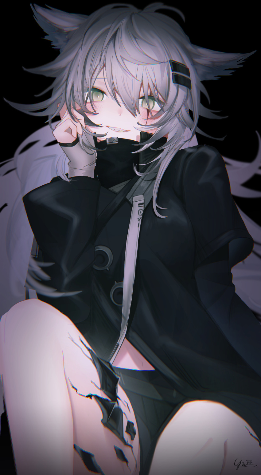 absurdres animal_ears arknights black_coat black_jacket blush coat grin hair_ornament hairclip highres jacket lappland_(arknights) looking_at_viewer material_growth oripathy_lesion_(arknights) scar scar_across_eye scar_on_face smile wolf_ears wolf_girl yunnasu