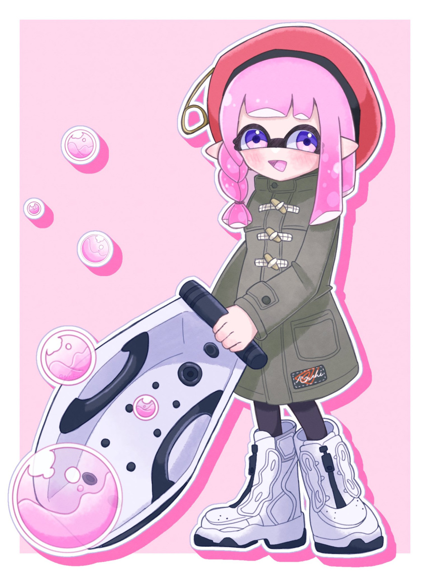 1girl :d beret bloblobber_(splatoon) border braid braided_sidelock bubble coat commentary_request full_body green_coat hat high_tops highres holding holding_weapon inkling inkling_girl inkling_player_character long_hair open_mouth outside_border pink_background pink_hair pointy_ears red_headwear shoes simple_background single_braid smile sneakers solo splatoon_(series) splatoon_3 standing tentacle_hair tonbofree violet_eyes weapon white_border white_footwear
