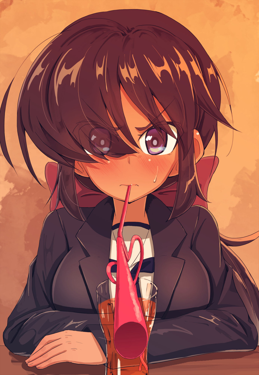 1girl black_coat black_eyes black_hair black_neckerchief blouse blush bow bowtie closed_mouth coat commentary crazy_straw crossed_arms cup dark-skinned_female dark_skin dixie_cup_hat drinking drinking_glass drinking_straw frown girls_und_panzer hair_bow hair_over_one_eye hat heart_straw highres jinguu_(4839ms) long_hair long_sleeves looking_at_viewer military_hat neckerchief ogin_(girls_und_panzer) ooarai_naval_school_uniform open_clothes open_coat ponytail pov red_bow red_bowtie sailor sailor_collar school_uniform shared_straw shirt solo sweatdrop white_headwear white_shirt