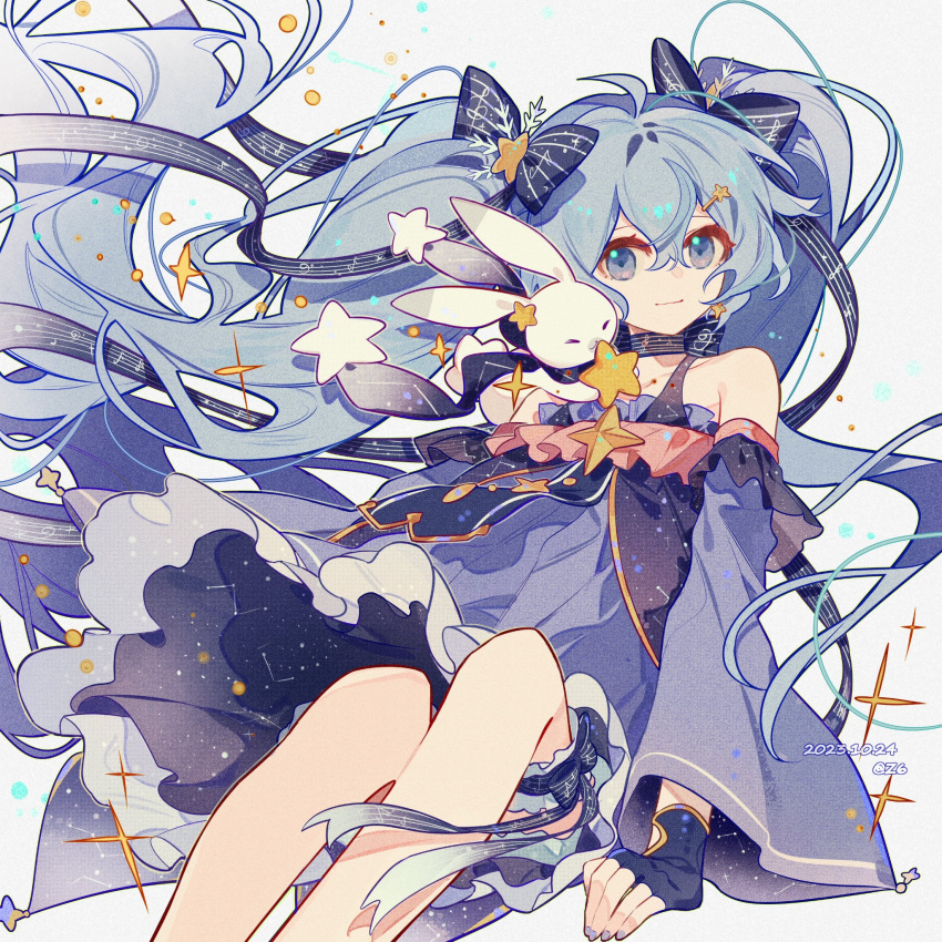 +_+ 1girl ahoge bare_legs bare_shoulders blue_bow blue_choker blue_dress blue_eyes blue_garter blue_gloves blue_hair blue_nails blue_scarf blue_sleeves bow bow_choker bow_legwear bridal_garter brooch character_request choker closed_eyes closed_mouth constellation_print dated detached_sleeves dress eyelashes feet_out_of_frame fingerless_gloves frilled_dress frilled_garter frills gloves hair_between_eyes hair_bow hair_ornament hairclip hand_on_ground hatsune_miku highres holding holding_star jewelry layered_dress layered_sleeves long_hair long_sleeves looking_at_viewer musical_note musical_note_print nail_polish rabbit scarf short_dress short_over_long_sleeves short_sleeves simple_background sitting smile snowflake_hair_ornament solo sparkle star_(symbol) star_brooch star_hair_ornament starry_sky_print striped_bow striped_choker twintails twitter_username two-sided_dress two-sided_fabric very_long_hair vocaloid white_background wide_sleeves yuki_miku z6