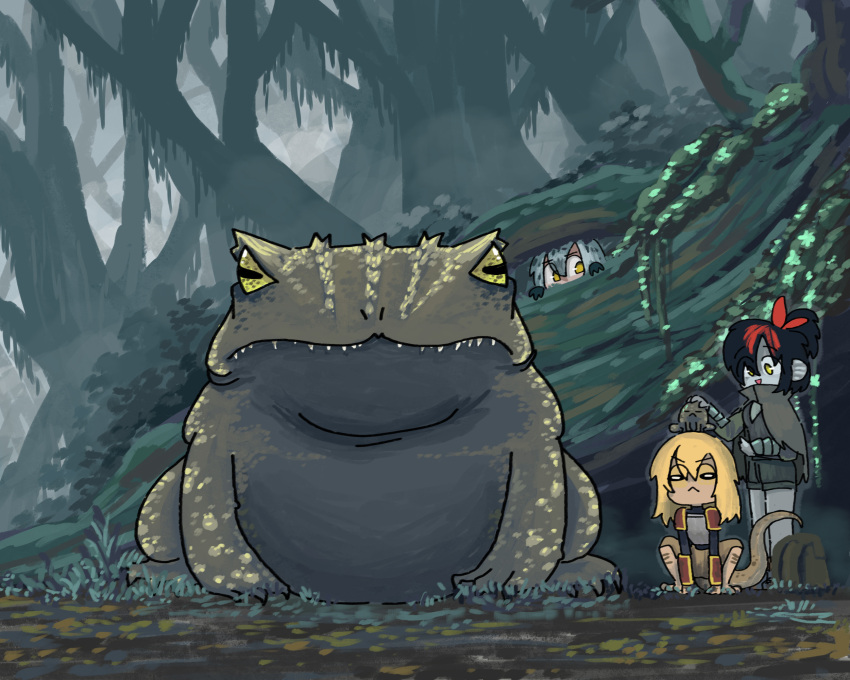 3girls :&lt; animal animal_on_head armor backpack bag black_hair blank_eyes blonde_hair colored_skin commentary day dusty_(ddusty) english_commentary forest frog grey_cloak grey_hair grey_skin hair_between_eyes highres imitating lizard_tail long_sleeves multicolored_hair multiple_girls nature on_head original outdoors peeking_out ponytail redhead scared shorts smile squatting standing streaked_hair tail yellow_eyes