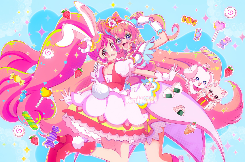 2girls :q absurdres animal_ears artist_name big_hair boots bow brooch cake candy choker commentary cone_hair_bun cure_precious cure_whip dated delicious_party_precure double_bun dress english_commentary flexing food food-themed_hair_ornament frilled_hairband frills fruit gloves hair_bow hair_bun hair_ornament hairband hand_on_another's_shoulder heart heart_brooch high_heel_boots high_heels highres in-franchise_crossover jewelry kirakira_precure_a_la_mode kome-kome_(precure) leg_up lollipop long_hair looking_at_viewer looking_back magical_girl medium_dress multiple_girls nagomi_yui onigiri open_mouth outstretched_arms pekorin_(precure) pink_choker pink_dress pink_hair precure puffy_short_sleeves puffy_sleeves rabbit_ears rabbit_tail red_choker red_footwear short_dress short_sleeves smile spread_arms standing standing_on_one_leg strawberry strawberry_shortcake tail teruhii tongue tongue_out twintails two_side_up usami_ichika very_long_hair violet_eyes white_gloves