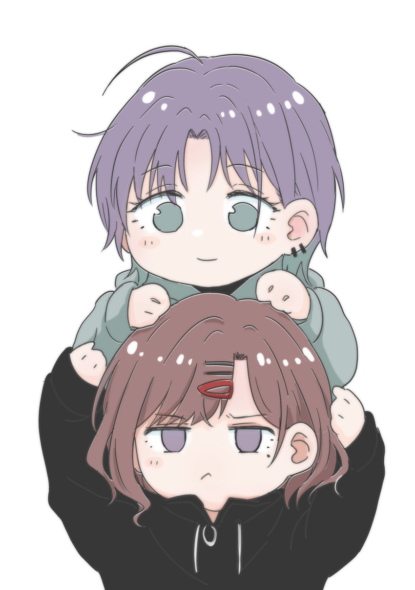 2girls :&lt; absurdres arms_up asakura_toru black_hoodie blush_stickers brown_hair chibi clenched_hands closed_mouth drawstring frown green_eyes green_hoodie hair_ornament hairclip hairpin hands_on_another's_head highres higuchi_madoka hiroya_masaharu hood hoodie idolmaster idolmaster_shiny_colors light_smile looking_at_viewer mole mole_under_eye multiple_girls multiple_hairpins no_pupils purple_hair short_hair simple_background sleeves_past_wrists upper_body violet_eyes white_background