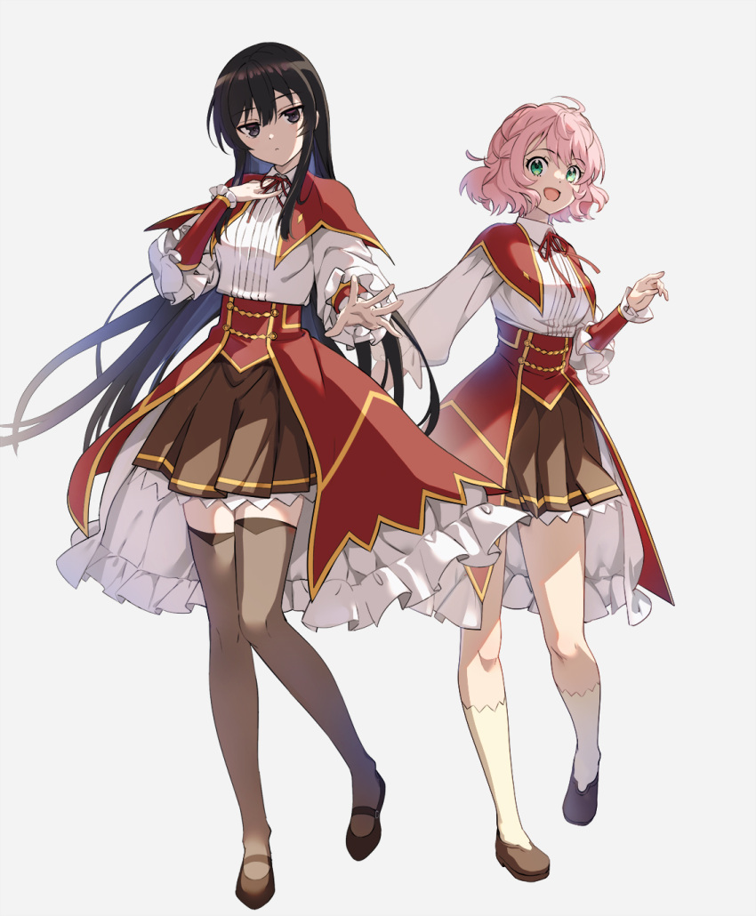 2girls :d ahoge akuyaku_reijou_level_99:_watashi_wa_ura-boss_desu_ga_maou_dewa_arimasen alicia_ehnleit black_eyes black_footwear black_hair black_thighhighs brown_skirt capelet closed_mouth collared_shirt commentary_request dot_nose eumiella_dolkness expressionless floating_hair frilled_skirt frilled_sleeves frills full_body green_eyes hair_between_eyes hand_on_own_chest hand_up highres kneehighs long_hair long_sleeves looking_at_viewer mary_janes multiple_girls neck_ribbon nyoro_(nyoronyoro000) open_hand open_mouth outstretched_arm pink_hair pleated_skirt puffy_long_sleeves puffy_sleeves red_capelet red_ribbon ribbon school_uniform shirt shoes short_hair simple_background skirt smile socks standing thigh-highs very_long_hair waist_cape white_background white_shirt white_socks zettai_ryouiki