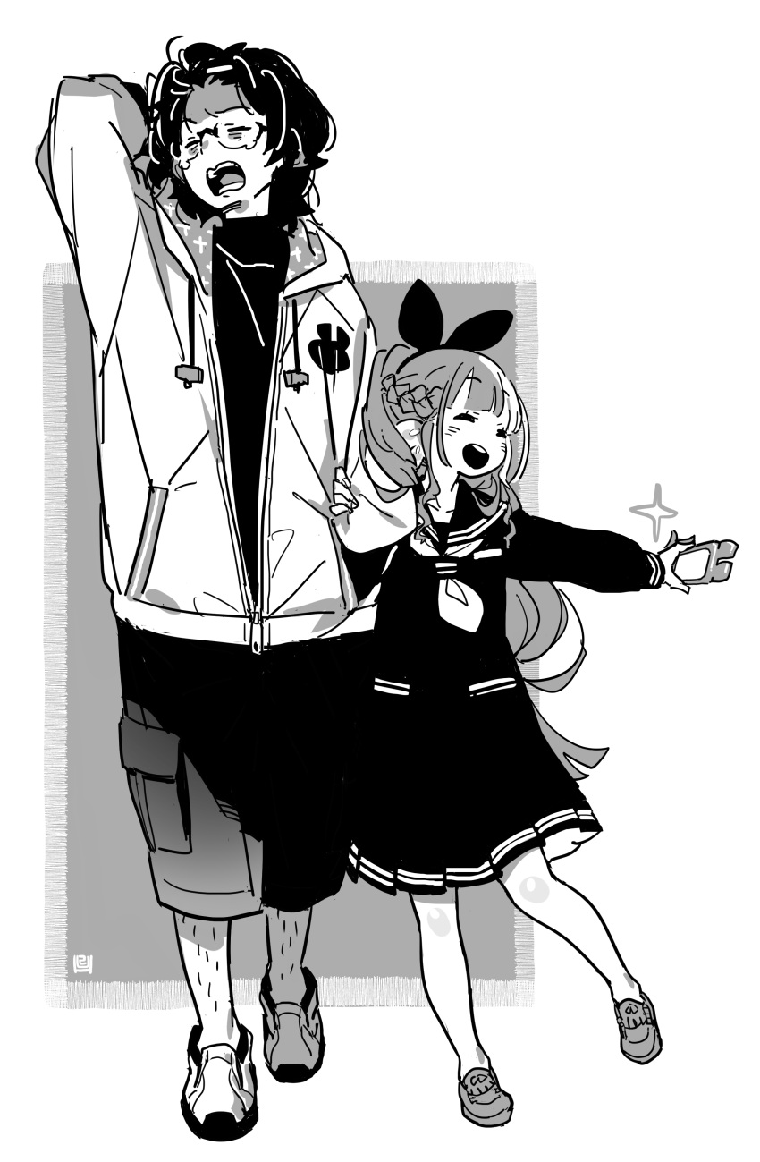 1boy 1girl absurdres anko_(himukai_yuuji) bow closed_eyes dress full_body glasses greyscale hair_bow highres himukai_yuuji holding_another's_arm hood hoodie loafers monochrome neckerchief original sailor_dress shoes shorts smile sneakers yawning