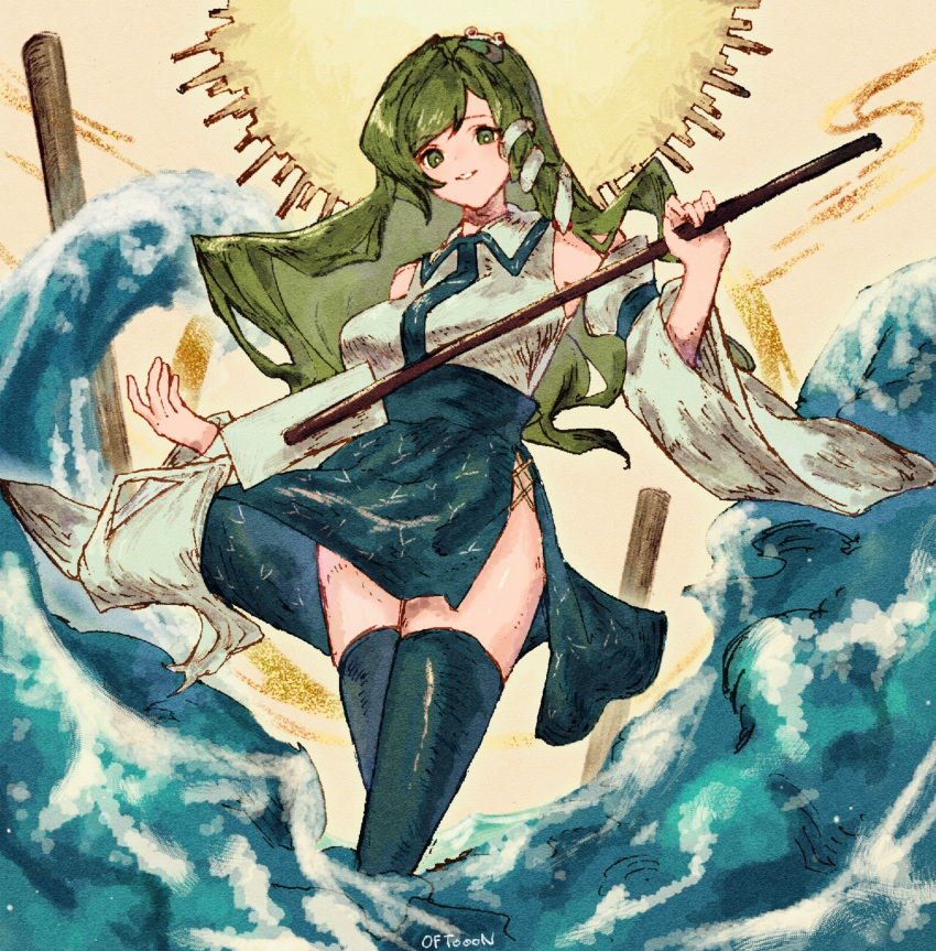 1girl aojirozame1228 bare_shoulders blue_sky blue_thighhighs breasts commentary_request detached_sleeves frog_hair_ornament gohei green_eyes green_hair hair_ornament highres holding holding_gohei kochiya_sanae long_hair long_sleeves medium_breasts ocean shirt side_slit single_sidelock sky sleeveless sleeveless_shirt snake_hair_ornament solo thigh-highs touhou very_long_hair white_shirt white_sleeves wide_sleeves