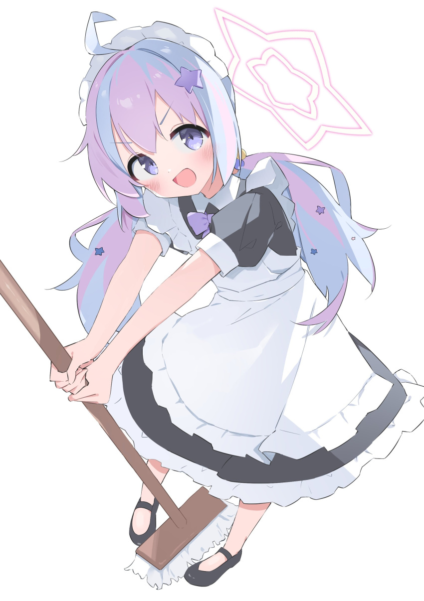 1girl :d absurdres ahoge alternate_costume apron black_dress black_footwear blue_archive blue_hair blush bow bowtie broom commentary dress enmaided frilled_apron frilled_dress frills full_body hair_ornament halo highres holding holding_broom long_hair looking_at_viewer maid maid_apron maid_headdress multicolored_hair open_mouth pink_hair pink_halo puffy_short_sleeves puffy_sleeves purple_bow purple_bowtie reisa_(blue_archive) short_sleeves simple_background smile solo star_(symbol) star_hair_ornament streaked_hair suta0822 two-tone_hair violet_eyes white_background
