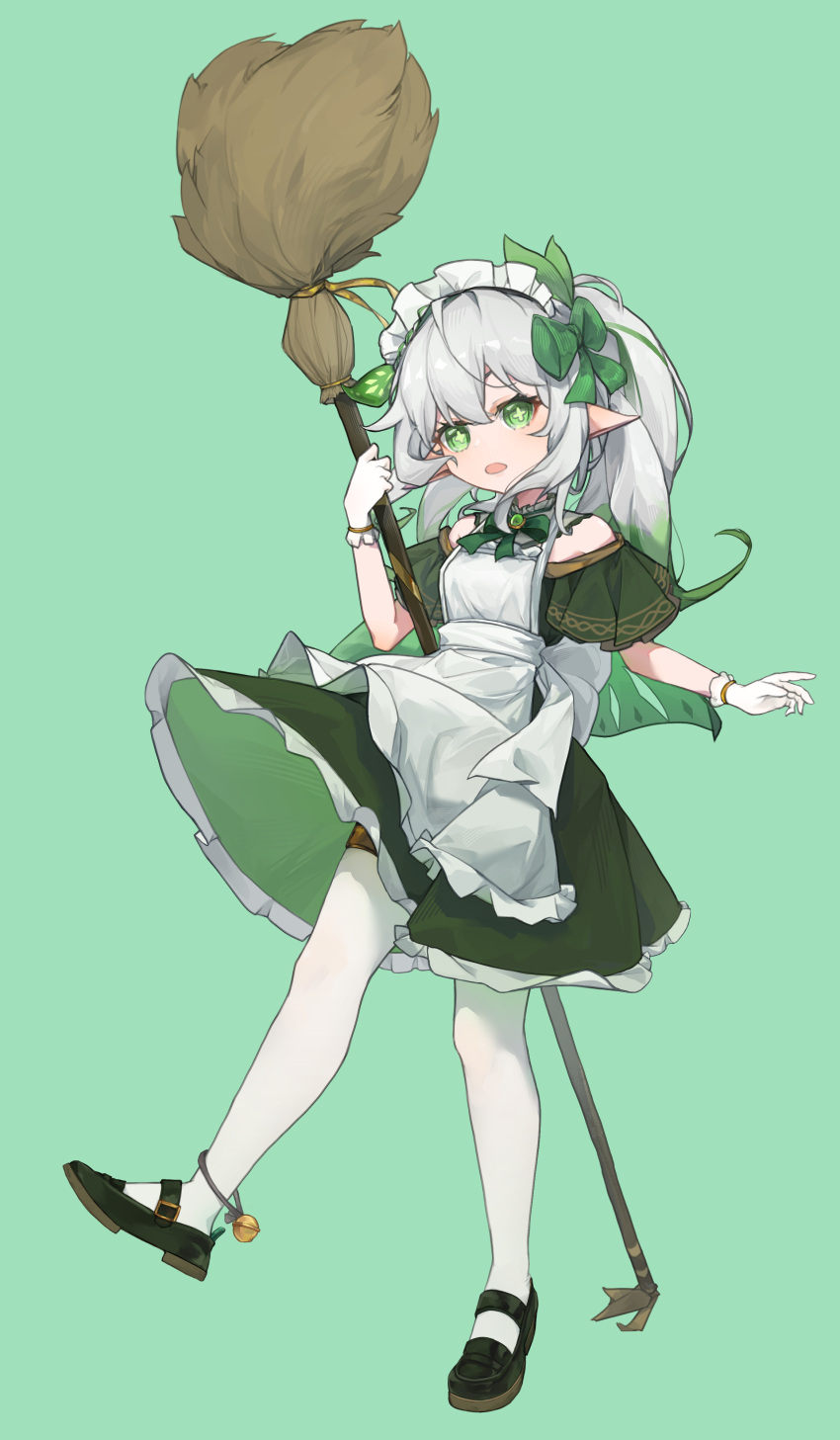 1girl absurdres alternate_costume ankle_bell apron azurymi back_bow black_footwear bow bowtie braid broom cape child collar detached_collar dress floating_clothes floating_hair frilled_collar frilled_dress frilled_gloves frills gem genshin_impact gloves gold_trim green_background green_bow green_bowtie green_cape green_dress green_eyes green_gemstone green_hair green_ribbon hair_between_eyes hair_ornament hair_ribbon highres holding holding_broom leaf_hair_ornament looking_at_viewer maid_apron maid_headdress mary_janes multicolored_hair nahida_(genshin_impact) off_shoulder open_mouth pantyhose pointy_ears ponytail ribbon shoes sidelocks single_braid standing standing_on_one_leg streaked_hair thighlet two-tone_hair white_bow white_gloves white_hair white_pantyhose