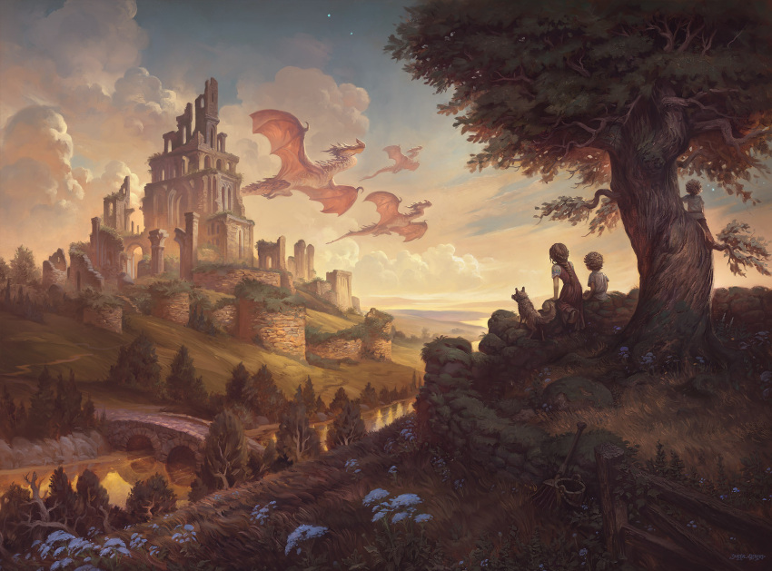 1girl 2boys blue_sky bridge bucket child clouds commentary dog dragon english_commentary evening fantasy gradient_sky grass highres in_tree justin_gerard landscape moss multiple_boys original outdoors path rake river rock ruins scenery signature sky tree water western_dragon wide_shot wyvern