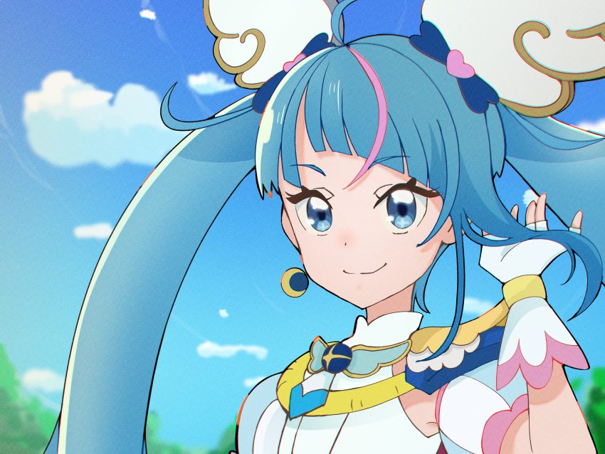 1girl absurdres blue_eyes blue_hair blue_sky brooch closed_mouth clouds cloudy_sky commentary cure_sky cut_bangs day detached_sleeves dress earrings fingerless_gloves gloves hand_in_own_hair highres hirogaru_sky!_precure jewelry long_hair looking_at_viewer magical_girl multicolored_hair noe_graphics outdoors pink_hair precure puffy_detached_sleeves puffy_sleeves single_sidelock sky sleeveless sleeveless_dress smile solo sora_harewataru streaked_hair twintails two-tone_hair white_gloves wing_brooch wing_hair_ornament