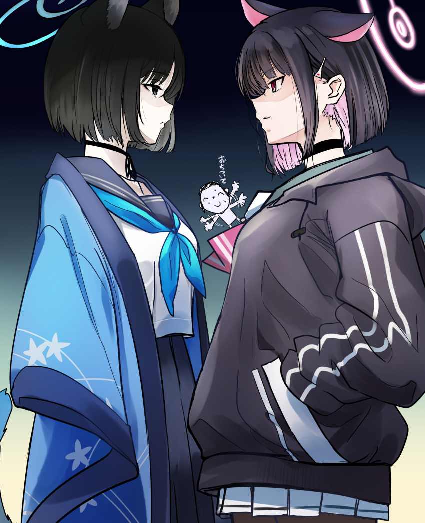 1boy 2girls absurdres animal_ears black_choker black_eyes black_hair black_jacket blue_archive blue_neckerchief blue_sailor_collar blue_skirt cat_ears choker colored_inner_hair commentary_request doodle_sensei_(blue_archive) extra_ears gradient_background halo hand_in_pocket haori highres hood hooded_jacket jacket japanese_clothes kazusa_(blue_archive) kikyou_(blue_archive) long_sleeves looking_at_another mashitono_desu multicolored_hair multiple_girls neckerchief parted_lips pink_eyes pink_hair pink_neckerchief pleated_skirt sailor_collar school_uniform sensei_(blue_archive) shaded_face shirt sidelocks skirt standing upper_body white_shirt white_skirt