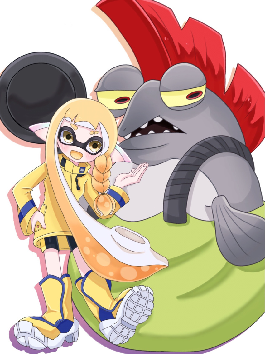 1girl bike_shorts blonde_hair boots braid braided_sidelock cohock_(splatoon) commentary_request eyebrow_cut frying_pan full_body highres holding_pan inkling inkling_girl inkling_player_character jacket long_hair looking_at_viewer mohawk open_mouth pointy_ears red_eyes redhead simple_background single_braid sleeves_past_wrists smile splatoon_(series) splatoon_3 standing teeth tentacle_hair thick_eyebrows tonbofree very_long_hair white_background yellow_eyes yellow_footwear yellow_jacket