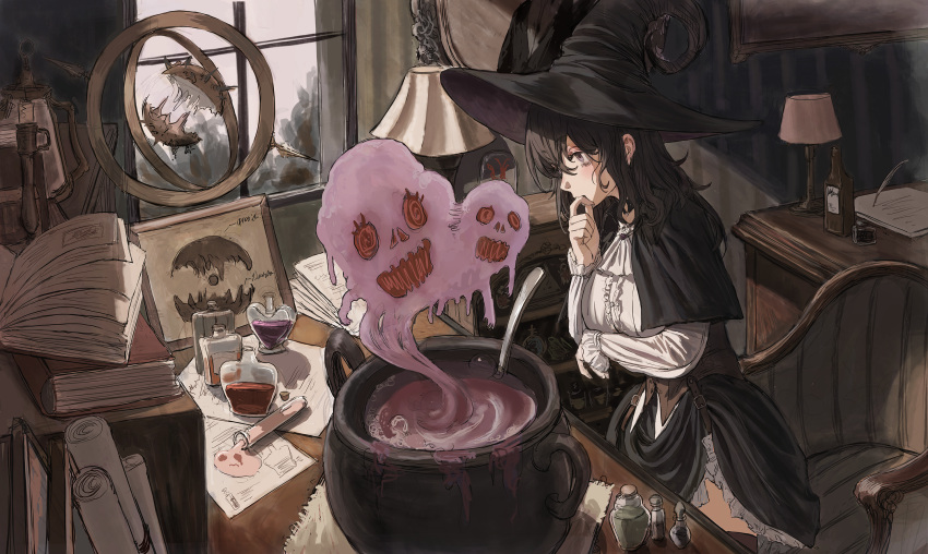 1girl black_hair book bottle brown_eyes cauldron chair dress finger_to_own_chin gold_can hat highres ink_bottle ladle lamp open_book original paper quill scroll solo table test_tube window witch witch_hat