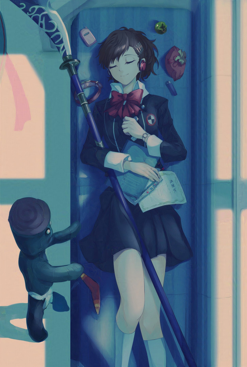 1girl andkyuryuu black_jacket black_skirt book boomerang bow bowtie brown_hair cellphone closed_eyes closed_mouth collar collared_shirt commentary feet_out_of_frame flip_phone folder from_above gekkoukan_high_school_uniform glaze_artifacts hair_ornament hairclip headphones highres holding holding_book holding_folder holding_paper holding_polearm holding_weapon jacket knee_up kneehighs lighter long_sleeves lying naginata on_back paper persona persona_3 persona_3_portable phone polearm ponytail red_bow red_headphones school_uniform shadow_(persona) shiomi_kotone shirt short_hair skirt sleeping smile socks solo train train_interior unworn_collar watch watch weapon white_shirt white_socks wing_collar
