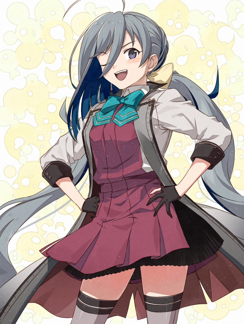 1girl ahoge black_gloves blue_bow blue_bowtie blue_hair blush bow bowtie coat gloves grey_hair grey_thighhighs hair_between_eyes hair_ribbon hands_on_own_hips highres kanmiya_shinobu kantai_collection kiyoshimo_(kancolle) kiyoshimo_kai_ni_(kancolle) long_hair looking_at_viewer low_twintails open_clothes open_coat open_mouth partially_fingerless_gloves ribbon simple_background solo thigh-highs twintails very_long_hair violet_eyes yellow_ribbon