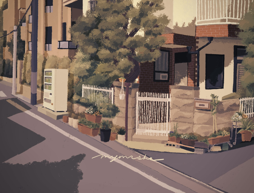 balcony city commentary evening fence flower_pot gate highres house miyamori_she no_humans original outdoors plant potted_plant scenery signature still_life sunlight symbol-only_commentary tree utility_pole vending_machine watermark