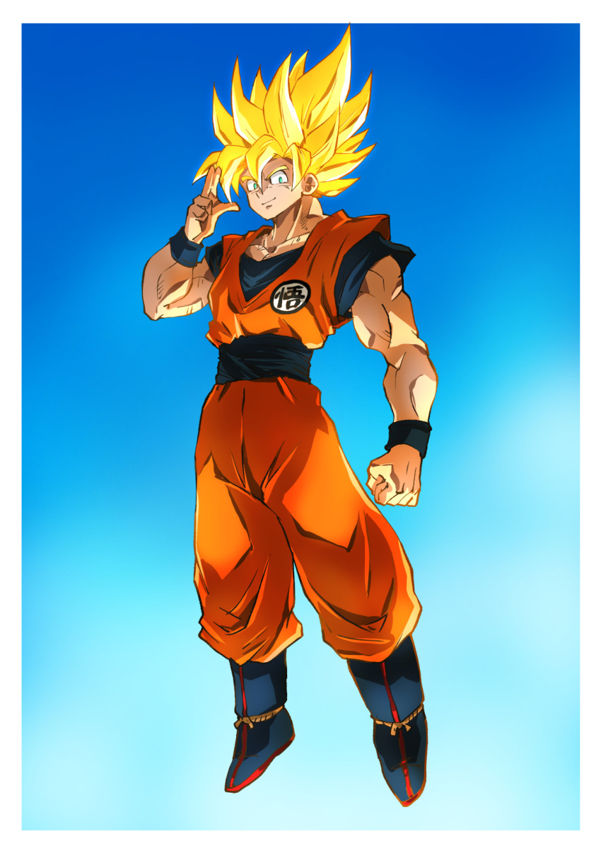 1boy black_sash blonde_hair blue_eyes check_commentary clenched_hand closed_mouth collarbone commentary commentary_request dougi dragon_ball dragon_ball_(classic) dragon_ball_z floating highres long_hair looking_at_viewer muscular muscular_male salute sash smile solo son_goku spiky_hair super_saiyan taiga_hiroyuki