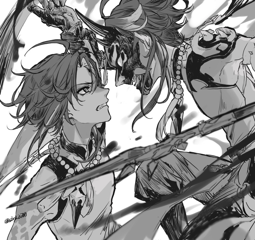2boys artist_name battle clenched_teeth dual_persona duel eye_contact genshin_impact greyscale highres holding holding_another's_wrist holding_polearm holding_weapon jewelry looking_at_another male_focus monochrome multiple_boys necklace pearl_necklace polearm shiraishi_(siraisi00) teeth weapon xiao_(genshin_impact)