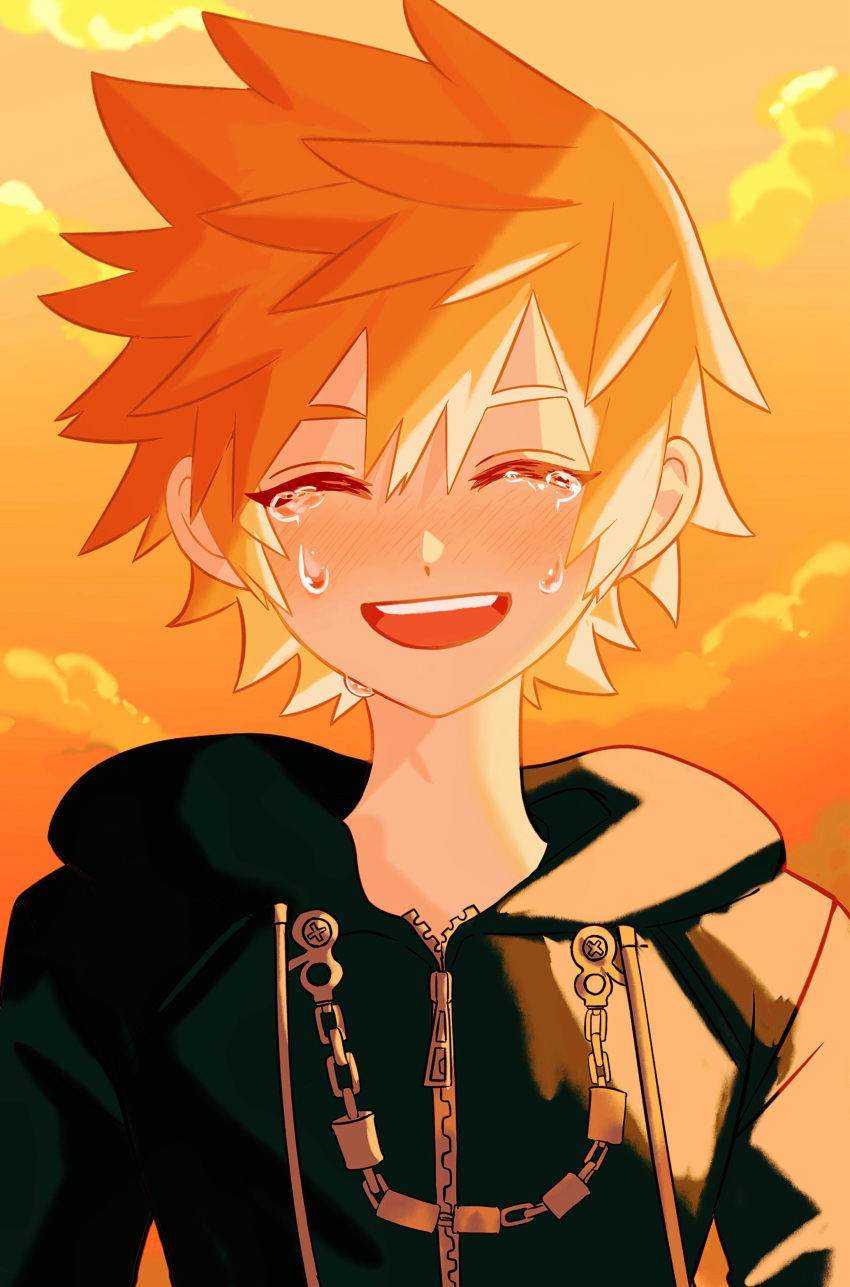1boy absurdres black_coat black_coat_(kingdom_hearts) blonde_hair closed_eyes clouds cloudy_sky coat commentary crying happy highres hood hood_down kingdom_hearts kingdom_hearts_ii kingdom_hearts_iii kishiki0318 male_focus open_mouth roxas short_hair sky smile solo spiky_hair symbol-only_commentary teeth twilight upper_body upper_teeth_only