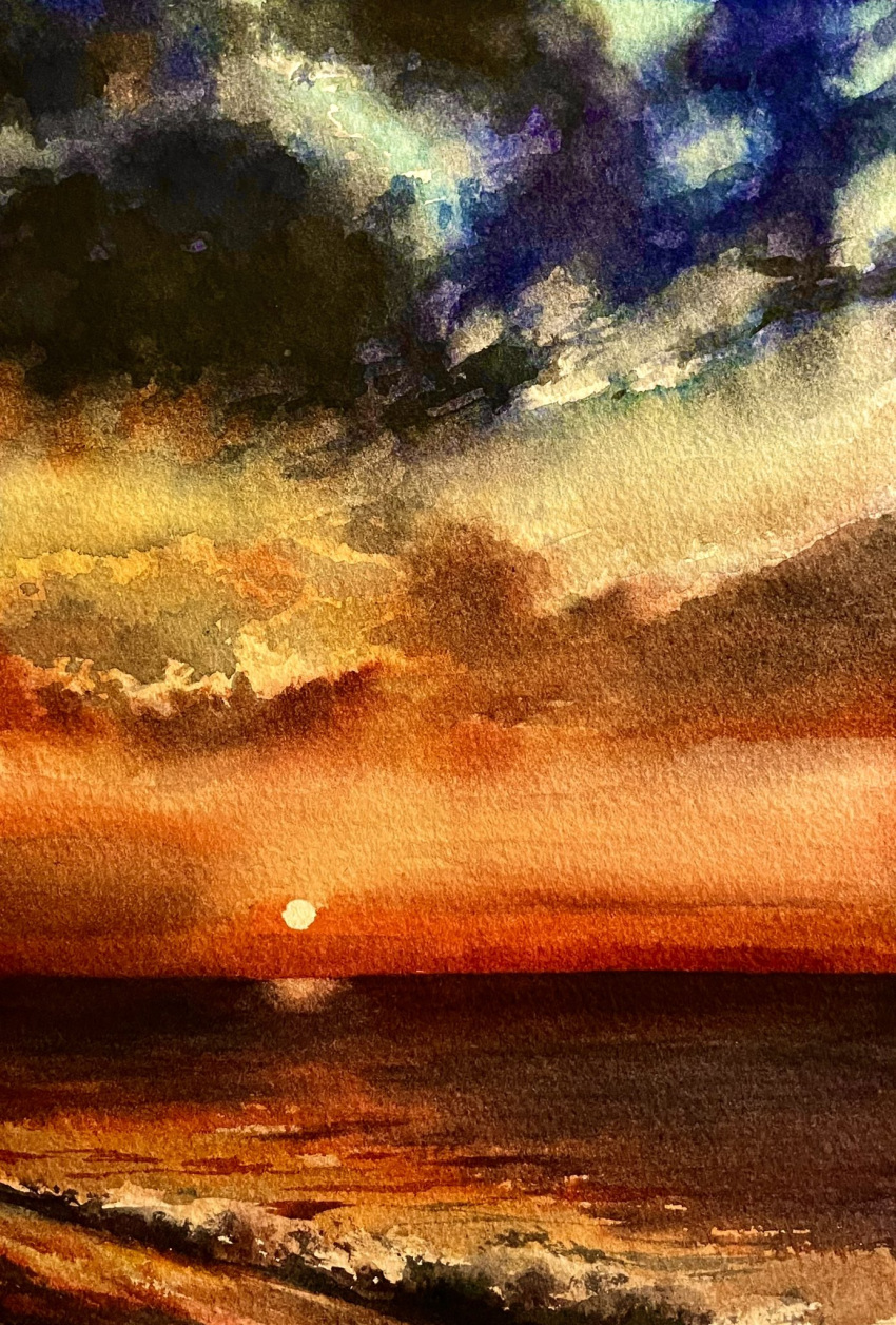 beach blue_sky clouds cloudy_sky highres horizon no_humans ocean orange_sky original painting_(medium) shibakaka shore sky sun sunset traditional_media water watercolor_(medium) waves