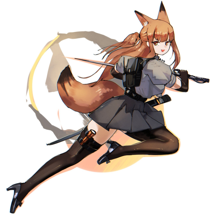 1girl :d animal_ear_fluff animal_ears arknights black_footwear black_gloves black_skirt brown_eyes brown_hair brown_thighhighs commentary elbow_gloves franka_(arknights) from_side gloves grey_shirt high_heels highres holding holding_sword holding_weapon long_hair looking_at_viewer looking_to_the_side pleated_skirt puffy_short_sleeves puffy_sleeves shirt shoes short_sleeves simple_background skirt smile solo sword tail thigh-highs truffletrefla weapon white_background