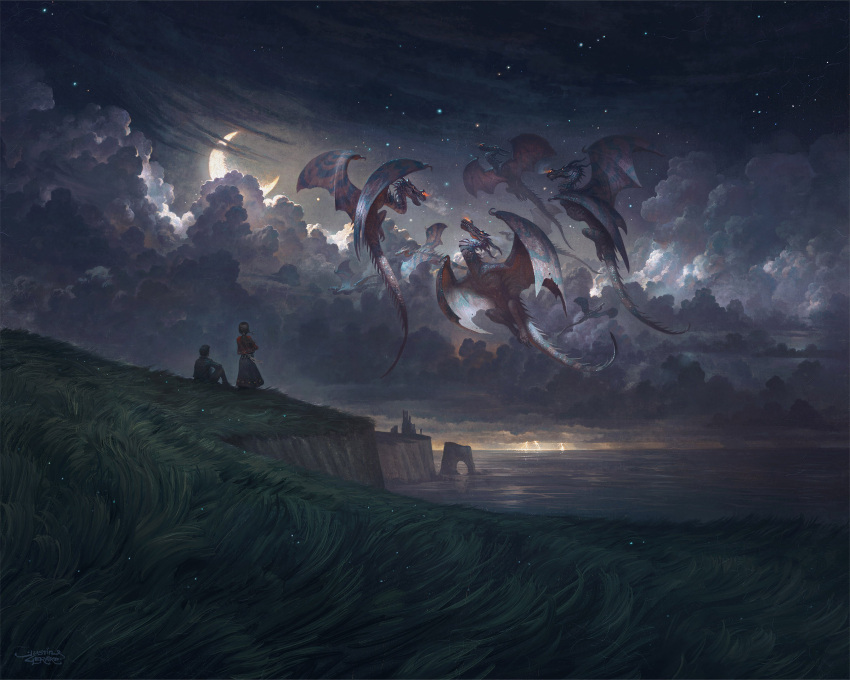 1boy 1girl clouds cloudy_sky commentary crescent_moon dragon english_commentary fantasy flying highres horizon justin_gerard landscape moon night night_sky ocean on_grass original outdoors scenery signature sitting sky standing star_(sky) starry_sky water western_dragon wide_shot wyvern