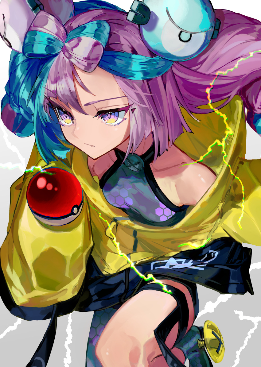 1girl absurdres black_shorts blue_hair breasts closed_mouth collarbone floating_hair gozenjuziame hair_ornament highres iono_(pokemon) long_hair multicolored_hair pink_eyes poke_ball pokemon pokemon_sv purple_hair short_shorts shorts single_leg_pantyhose sleeves_past_fingers sleeves_past_wrists small_breasts solo sweater thigh_strap two-tone_hair very_long_hair yellow_sweater