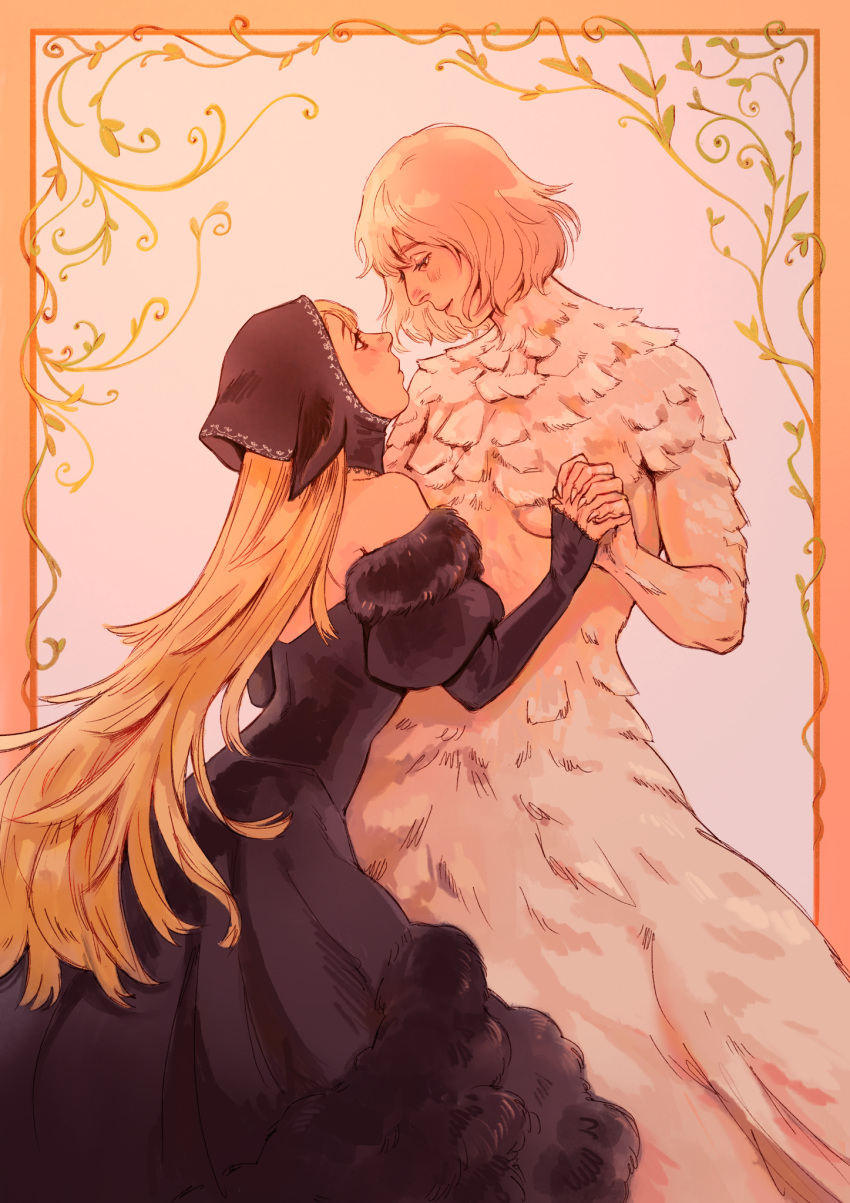 2girls back black_dress blonde_hair blush colored_skin couple cowboy_shot dress dungeon_meshi eye_contact falin_thorden falin_thorden_(chimera) feathers fur-trimmed_dress fur_trim highres holding_hands hood long_hair looking_at_another marcille_donato medium_hair monster_girl multicolored_skin multiple_girls pointy_ears sitting smile sointuina two-tone_skin yuri