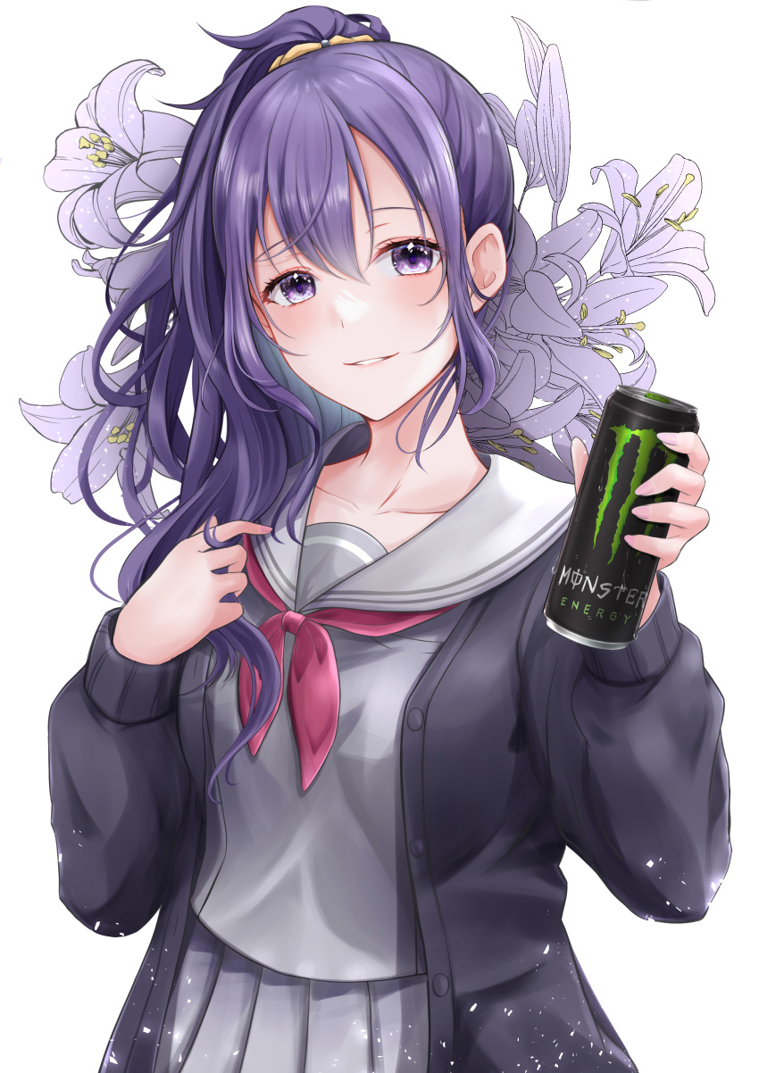 1girl absurdres asahina_mafuyu black_cardigan can cardigan collarbone energy_drink flower grey_serafuku grey_shirt grey_skirt hair_between_eyes hair_ornament hair_scrunchie hands_up high_ponytail highres holding holding_can lily_(flower) long_hair long_sleeves looking_at_viewer miyamasuzaka_girls'_academy_school_uniform monster_energy neckerchief open_clothes parted_lips pleated_skirt ponytail project_sekai purple_flower purple_hair red_neckerchief sailor_collar school_uniform scrunchie serafuku shirt simple_background skirt smile solo standing upper_body violet_eyes white_background white_sailor_collar yuzu_ponzu_(vgah7445)