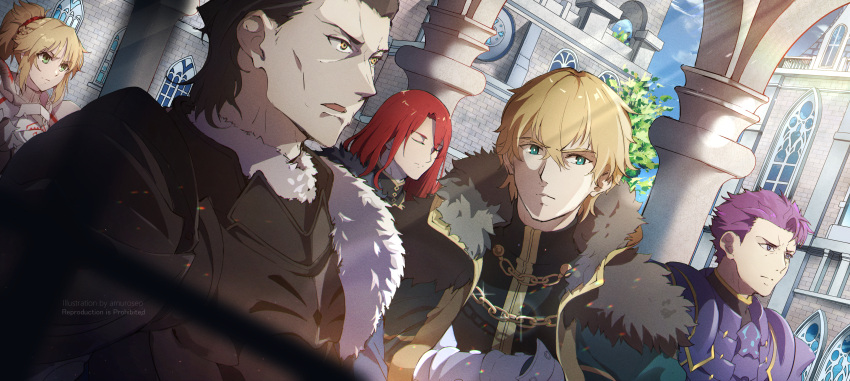 1girl 4boys absurdres agravain_(fate) amuroseo aqua_eyes armor black_hair blonde_hair building cape closed_eyes column dutch_angle fate/grand_order fate_(series) fur-trimmed_cape fur_trim gawain_(fate) green_eyes highres knights_of_the_round_table_(fate) lancelot_(fate/grand_order) mordred_(fate) mordred_(fate/apocrypha) multiple_boys open_mouth outdoors pillar ponytail purple_hair redhead serious short_hair tristan_(fate) upper_body violet_eyes yellow_eyes